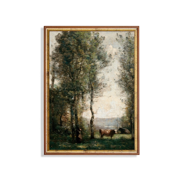 Vintage Landscape Painting | Woodland with Cow | Antique Forest Art | Vertical Printable Wall Art | Digital Download | Farmhouse Decor