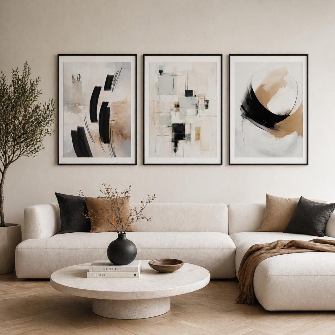 Neutral Abstract Wall Art Set of 3, Black Beige Minimalist Prints ...