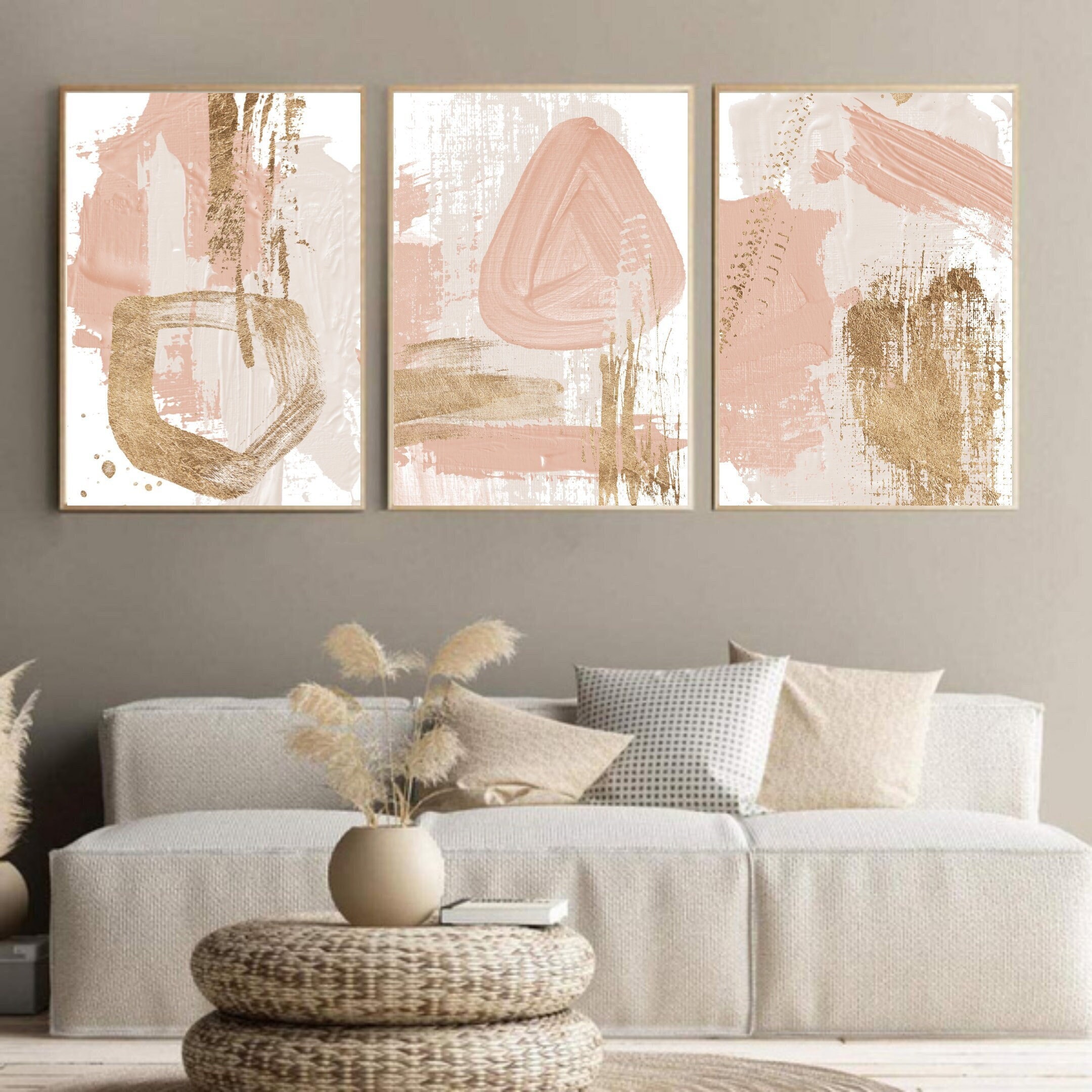 3 Piece Wall Art Abstract Oil Painting Blush Pink Wall Art Set 