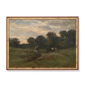 Stampa spedita / Paesaggio con mucche / Dipinto d&#39;epoca / Paesaggio di campagna antico / Decorazione della fattoria / Stampato e spedito / Mucche nel prato