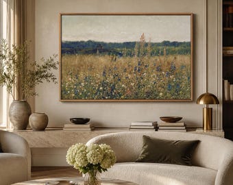 Vintage Meadow Painting: Rustic Wildflower Landscape Art (Digital Download)