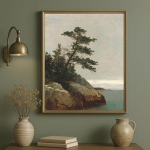 Vintage Coastal Cliff Art Print – Antique Landscape with Windswept Pine and Rocky Shoreline, Nautical Nature Wall Decor, Digital Download
