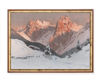May include: A framed landscape painting of a snow-covered mountain range at sunset. The peaks are lit with warm orange and pink tones, contrasting with the cool blues and whites of the snow. A small cabin and evergreen trees are in the foreground.