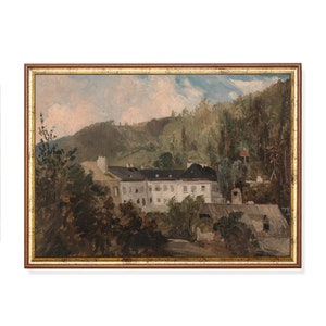 Vintage Farmhouse Painting: Moody European Landscape Art Print