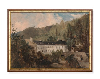 Vintage Farmhouse Painting: Moody European Landscape Art Print