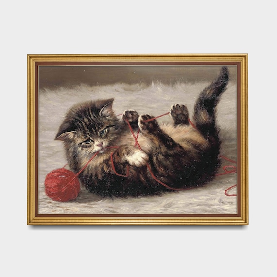 ヴィンテージ猫プリント：毛糸で遊ぶアンティーク子猫（郵送プリント