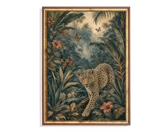 Vintage Botanical Leopard Print, Tropical Jungle Wall Art (Digital Download)