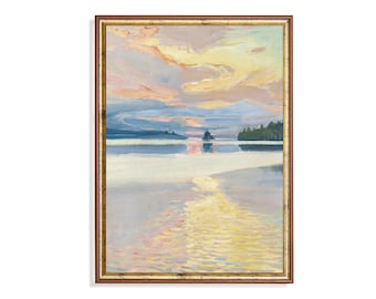 Pintura vintage de un atardecer en el lago: arte paisajístico rústico (descarga digital)