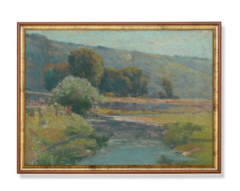 Vintage Landscape Painting: Rustic Farmhouse Fine Art Print