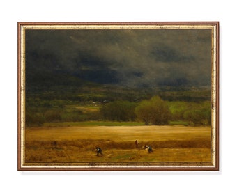 Wheat Field Antique Painting Print: Moody Farmhouse Art