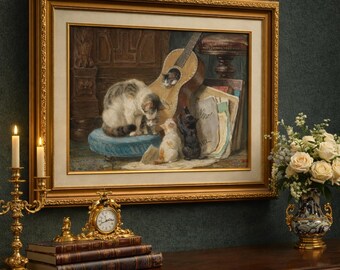 Impresión vintage de gatos tocando la guitarra: arte animal antiguo