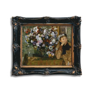Una mujer sentada junto a un jarrón de flores, impresión, arte floral vintage para pared, pintura impresionista, decoración clásica para el hogar, póster de arte elegante