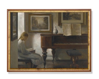 Vintage Portrait Painting | Girl Reading a book | Still Life with Piano | Antique Moody Rustic Print | Digital Download | Printable Wall Art