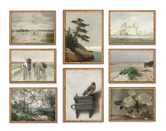 Set van 8 antieke schilderijen | Neutrale boerderijgalerijwand (digitale download)
