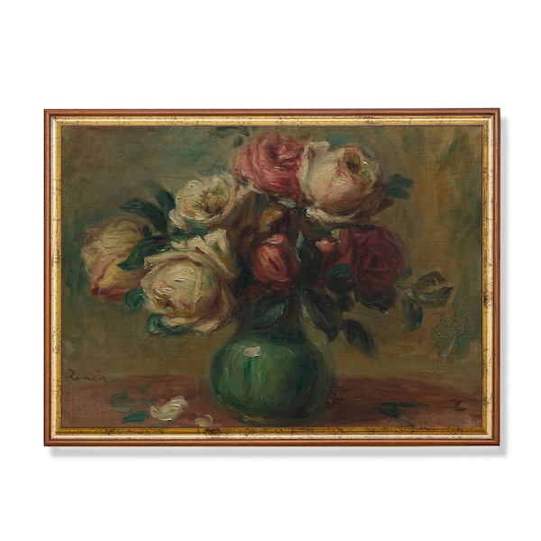 Vintage Still Life with Flowers | Antique Roses Painting | Moody Floral Print | Digital Download | Farmhouse Decor | LivingRoom Printable