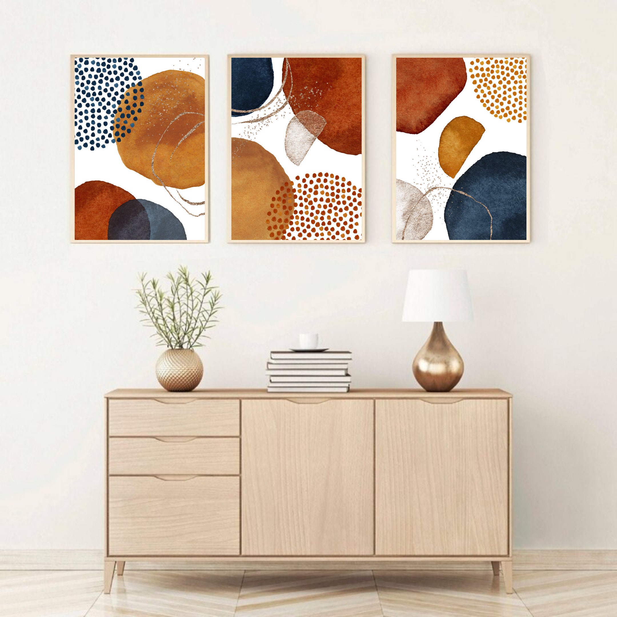 Set of 3 Prints Abstract Wall Art Boho Prints Navy Blue Burnt Etsy