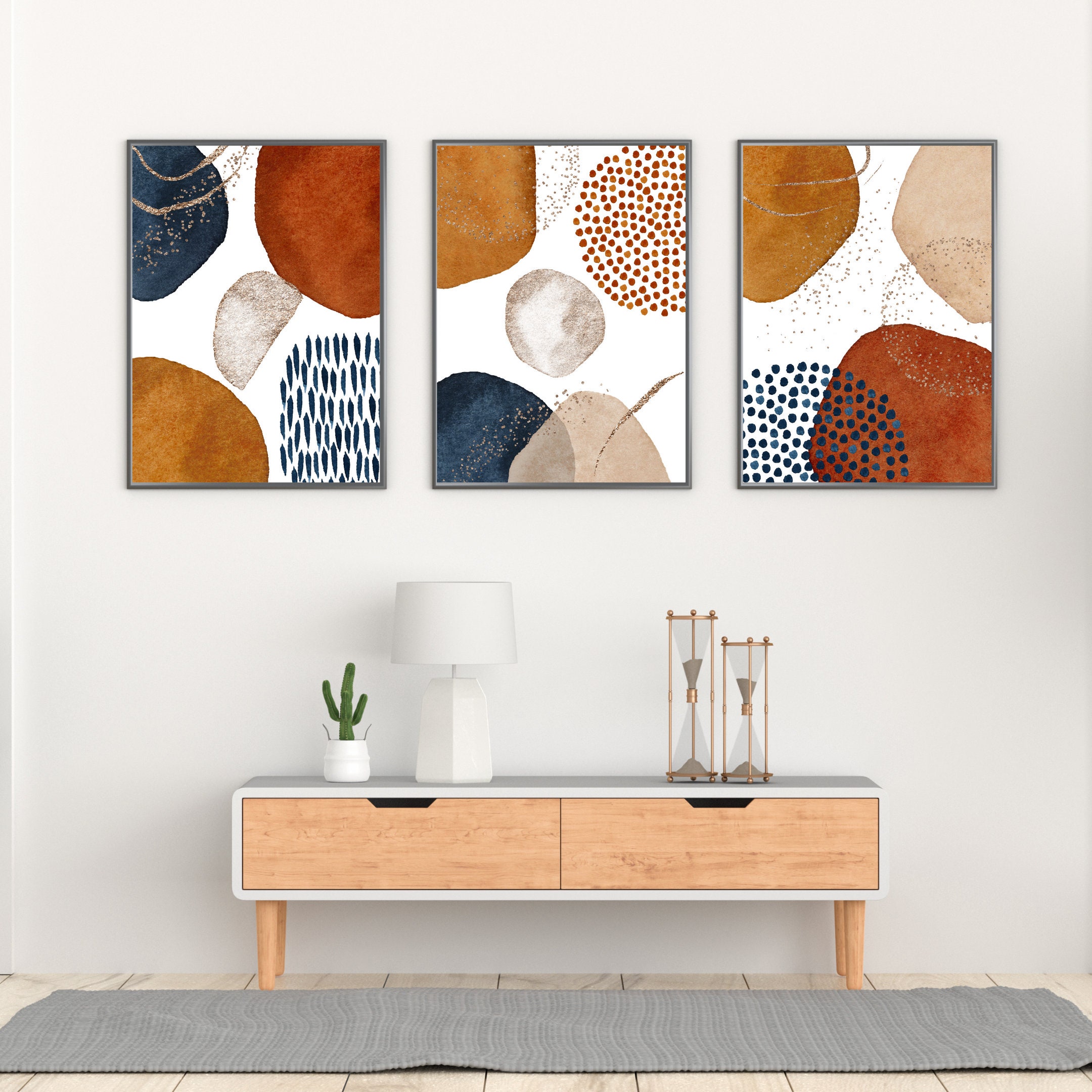 3 Piece Wall Art Printable Navy Blue Burnt Orange Terracotta Etsy
