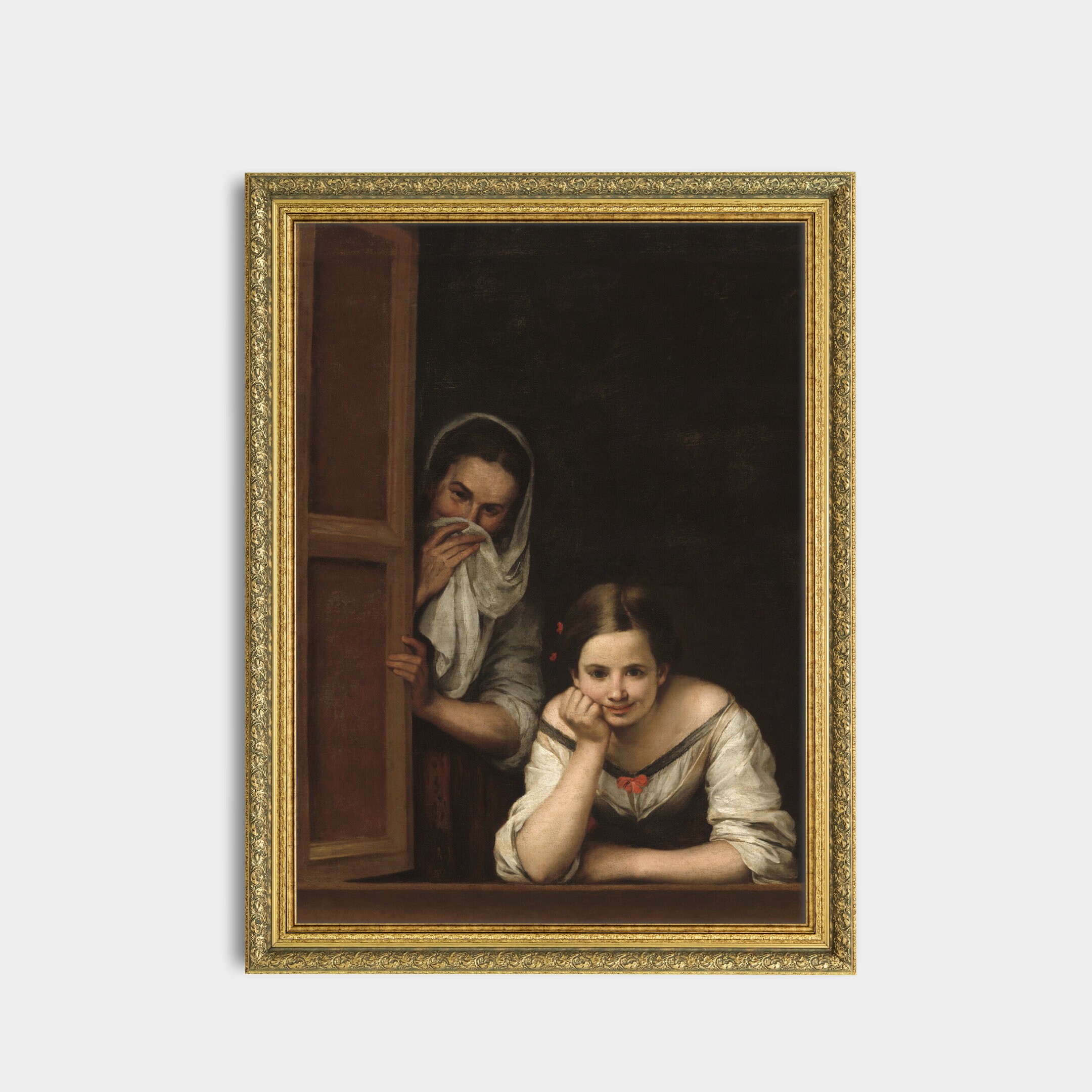 ムリーリョの絵画版画：窓辺の二人の女性、スペインの巨匠たちの作品