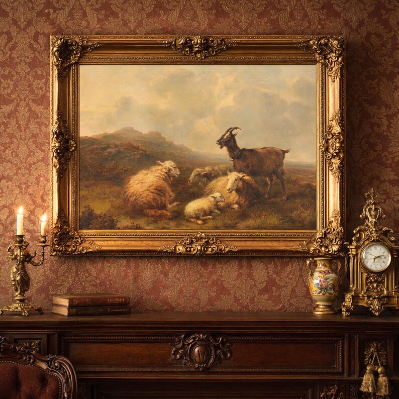 Vintage Sheep and Goats Painting: Rustic Farmhouse Art Print image 2