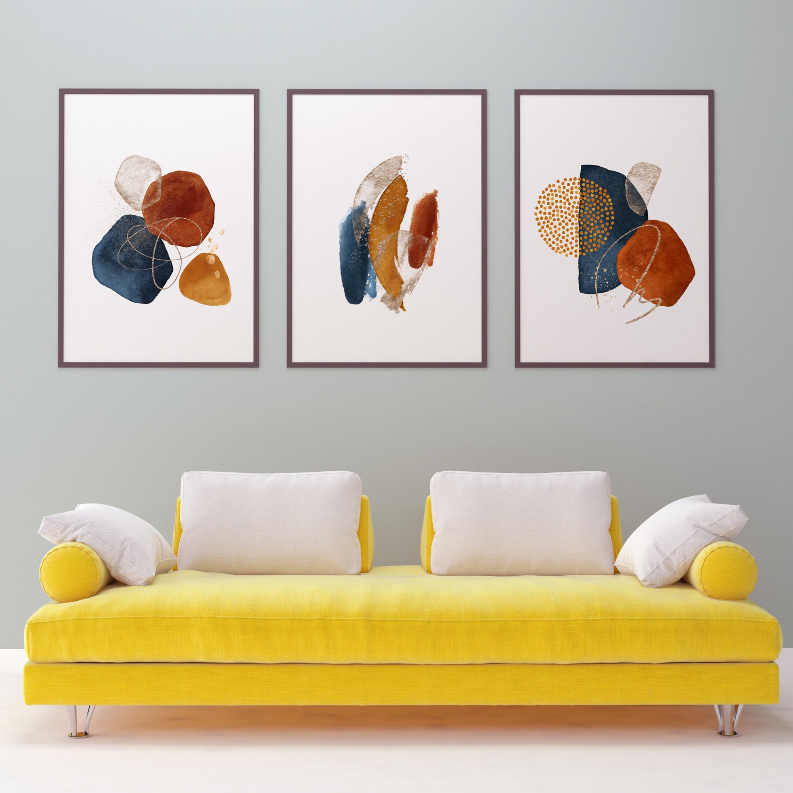 Navy Blue Burnt Orange Terracotta Gold Art Abstract Art Print Etsy