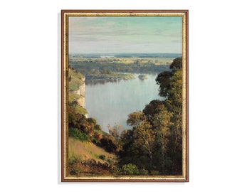 Vintage River Landscape Print: Antique Country Oil Painting