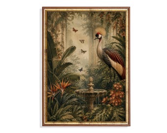 Vintage Tropical Crowned Crane Botanical Print, Exotic Garden Art