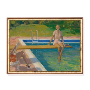 Printed and Shipped | Vintage Painting | Woman at swimming pool | Antique Wall Art | Girl Room Decor | Rustic Art | Physical Prints