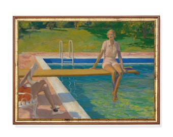 Impresión vintage junto a la piscina: Escena de verano retro, arte mural de mediados de siglo (descarga digital)