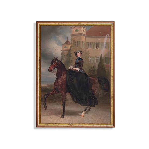 Vintage Horse Painting | Antique Equestrian Print | Digital Download | Printable Wall Art | Farmhouse Decor | Victorian Lady | Fine Art