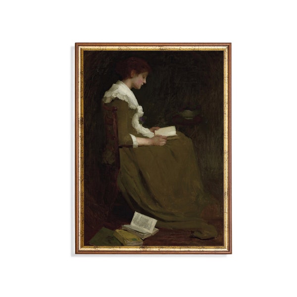 Vintage Portrait Oil Painting | Woman Reading a Book | Antique Prints | Digital Download | Printable Wall Art | Classic Portrait Fine Art