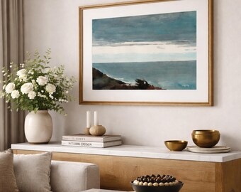 ヴィンテージの海景プリント：ムーディーな海岸の水彩画 - Etsy 日本