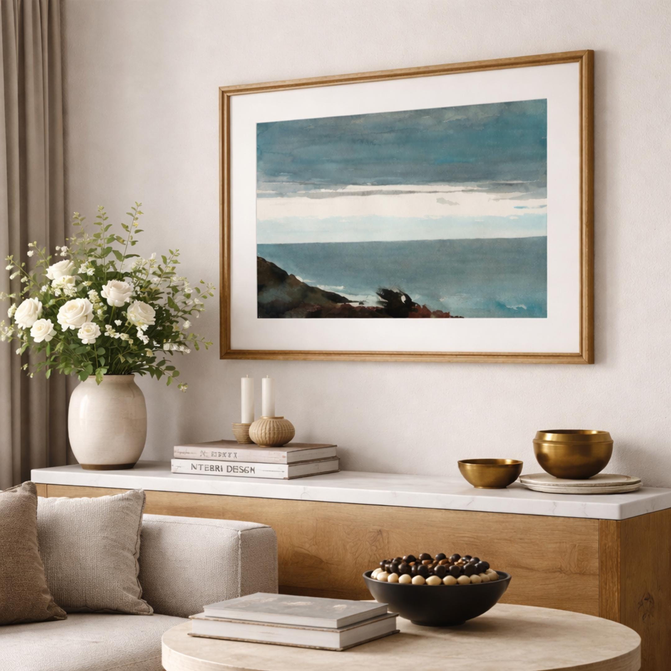 ヴィンテージの海景プリント：ムーディーな海岸の水彩画 - Etsy 日本