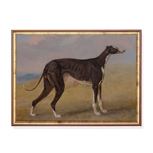 Elegante retrato de galgo: pintura antigua en blanco y negro de un sabueso con fondo campestre, lámina vintage de arte mural con animales.