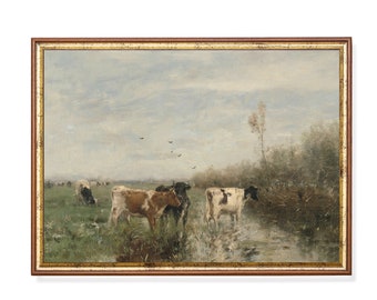 Vintage Cows Painting: Antique Farmhouse Landscape Art Print