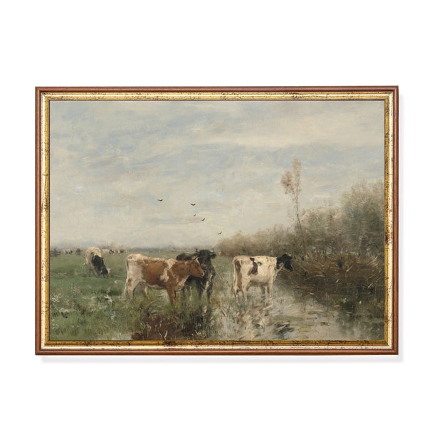 Imprimé et expédié | | de peinture de vaches vintage Paysage de campagne antique | Décoration murale rustique | Décoration de ferme | | des beaux-arts Impressions physiques