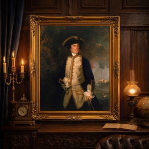 May include: A framed portrait of a man in a navy blue coat with gold trim and a white waistcoat. The portrait is in an ornate gold frame, displayed on a dark wooden desk with a clock, candles, and a lamp. The overall theme is classic and historical.