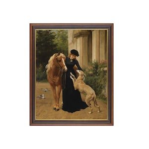 Printed and Shipped | Vintage Painting | Woman with Dog and Horse | Victorian Home Decor | Antique Art Print | Fine Art | Physical Prints