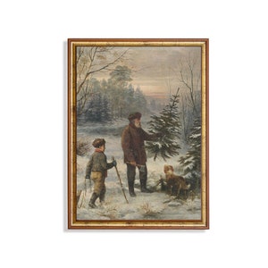 Vintage Winter Forest Oil Painting: Father & Son Christmas Tree Print