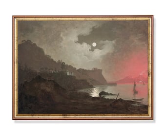 Vintage Moonlight Seascape Print, Antique Coastal Night Landscape Art