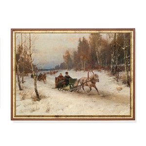 Winter Sleigh Ride Painting: Snowy Landscape Antique Art Print