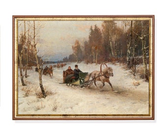 Winter Sleigh Ride Painting: Snowy Landscape Antique Art Print