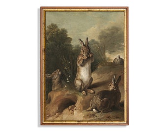Vintage Rabbit Painting: Rustic Farmhouse Animal Art Print