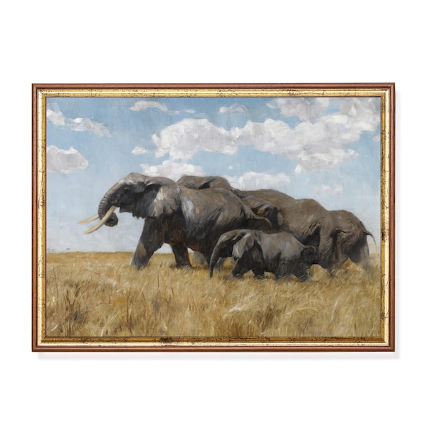 Vintage Elephant Painting | Antique Animal Print | Digital Download | Printable Wall Art | Rustic Oil Painting Print | Animal Lover Gift
