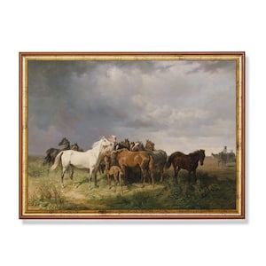 Vintage Herd of Horses Painting Majestic Equestrian Scene with Stallions, Mares, and Foals – Antique Countryside Digital Art Download Print