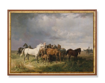 Vintage Horse Painting: Majestic Equestrian Herd, Countryside Scene (Digital Download