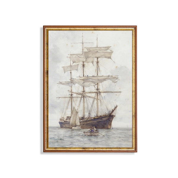 Vintage Painting | Antique Sailing Boat Print | Muted Seascape Art | Neutral Printable Wall Art | Ship Coastal Decor | Digital Download