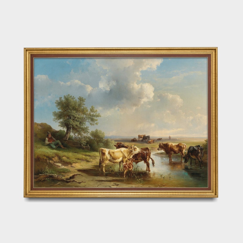 Gedruckt und versandt Landschaft mit Rindern Antikes Kühe Gemälde Landhaus Dekor Physische Drucke Horizontale Fine Art Bild 2