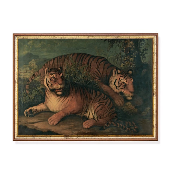 Tigers Painting Vintage Animal Print Dark Moody Rustic Wall Decor