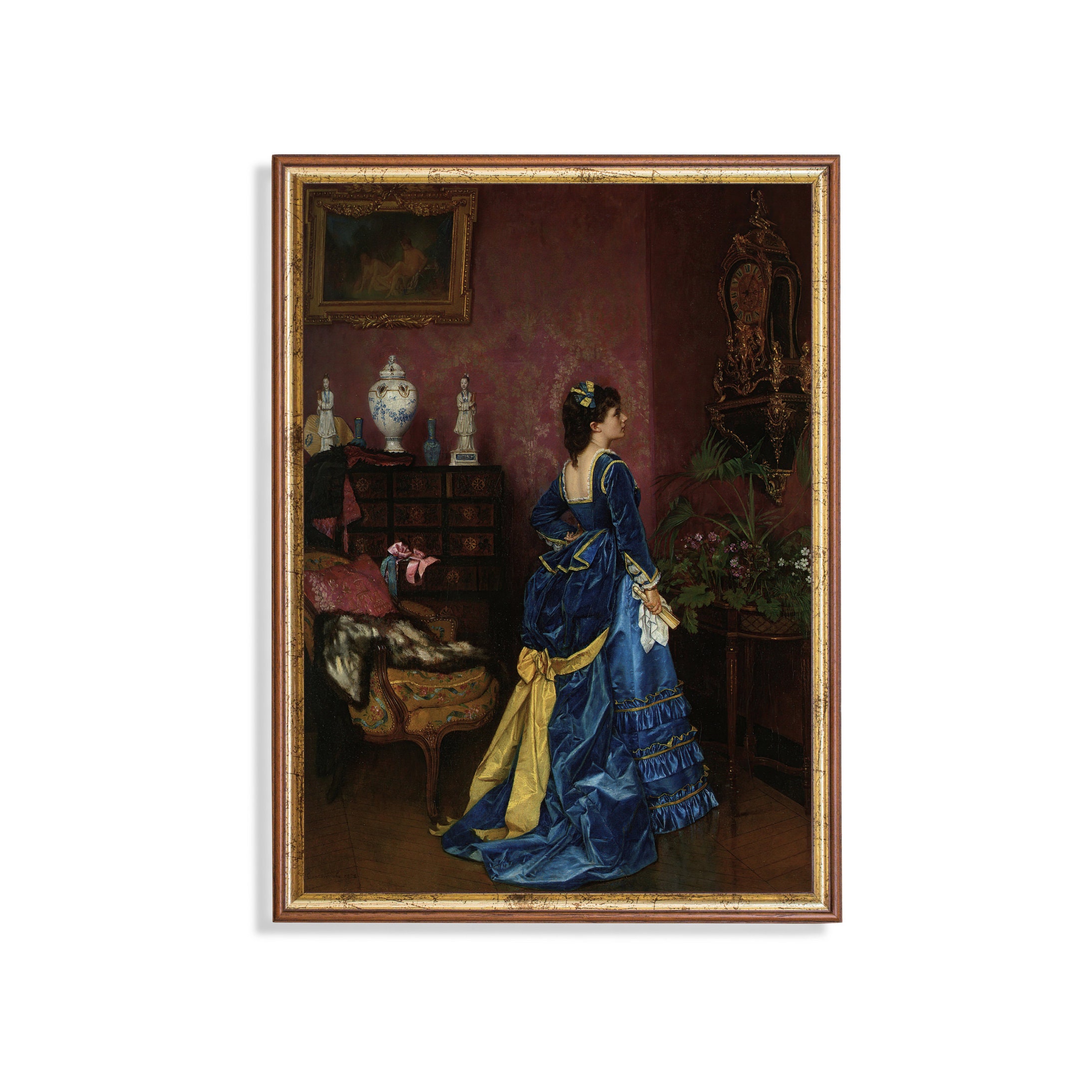 lady in a blue dress painting Delivered from despair, once more a young girl dressed for her first dance - not a caricature of one