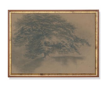 Vintage Tree Sketch Print: Rustic Country Landscape Art